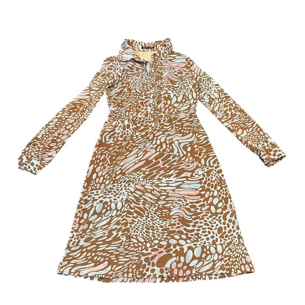 Tempo Paris Abstract Print Long Sleeve Shirt‎ Dress Brown Blue Pink Medium
